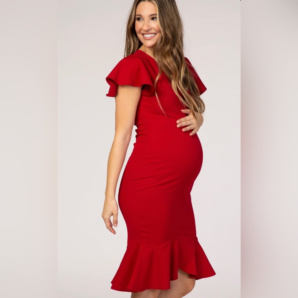 PinkBlush Red Ruffle Accent Fitted Maternity Wrap Dress